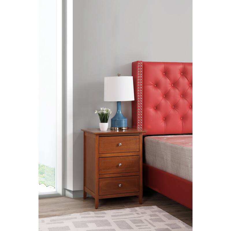 Oak Nightstand 25x19x15 Transitional Bedside Table with Three Drawers, Warm Stylish Finish and Compact Bedroom Storage