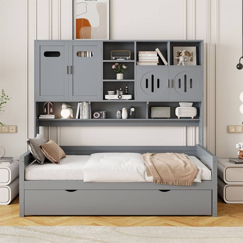 Wooden Daybed with Twin Size Trundle and All-in-One Cabinet, Twin/Full Size Daybed Frame Sofa Bed with Storage Shelves