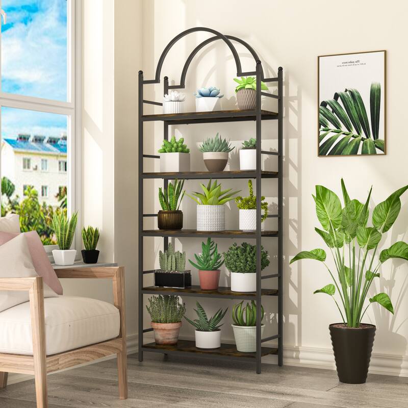 5-tier Bookcase Stand Metal Wood Structure - 30 in. W X 10 in. D X 77 in. H