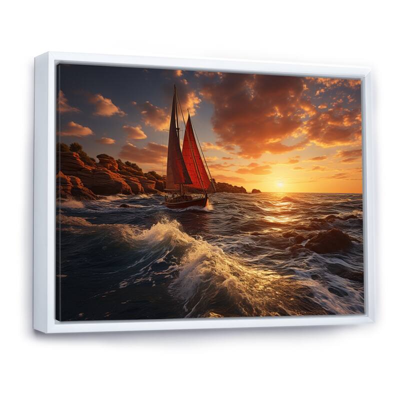 Designart "Spain Sunset Sail I" Nautical & Beach Framed Wall Art Prints