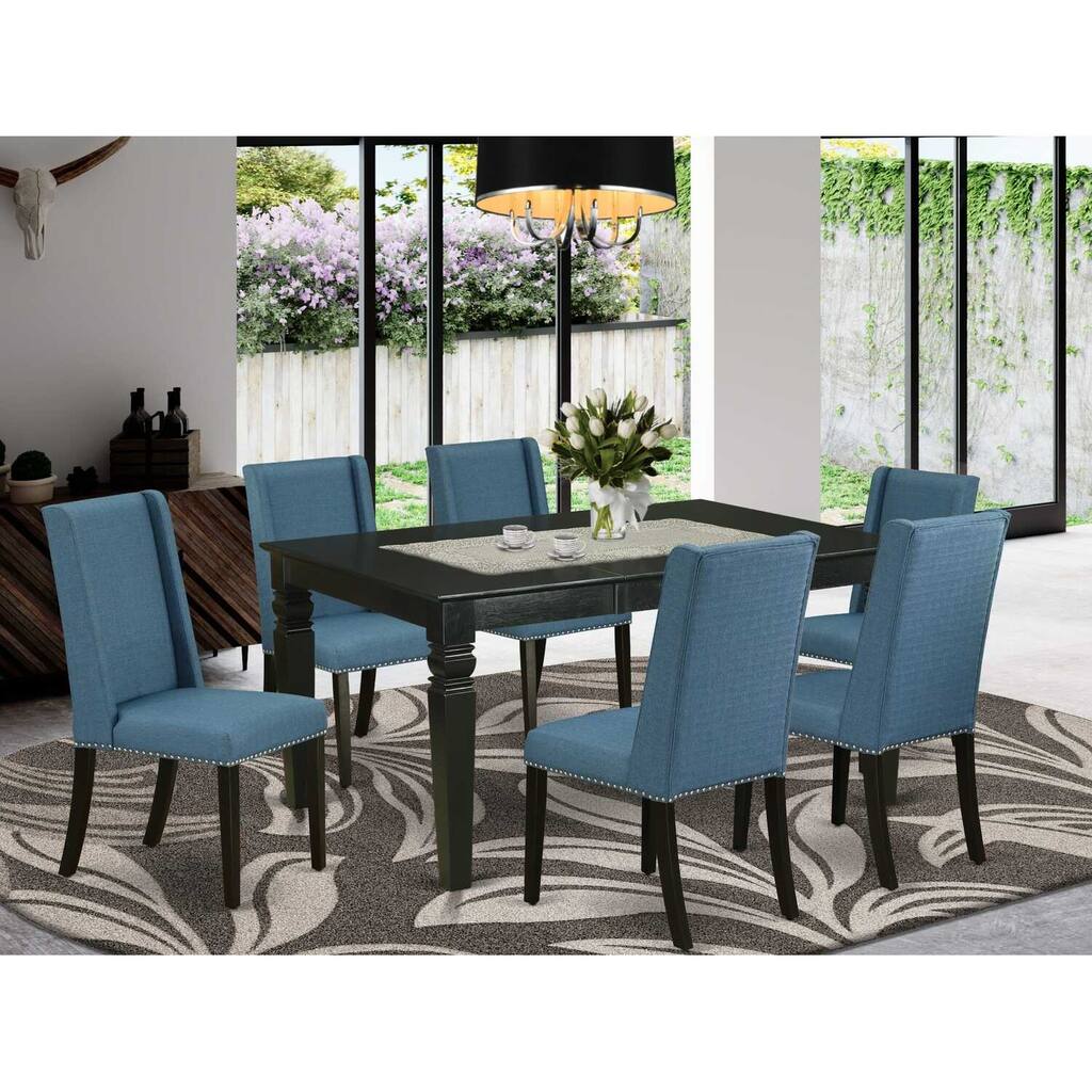 HomeStock 7-Piece Black Finish Solid Wood Top Dining Table with 6 Parson-Chairs with Butterfly Leaf Lattice Back