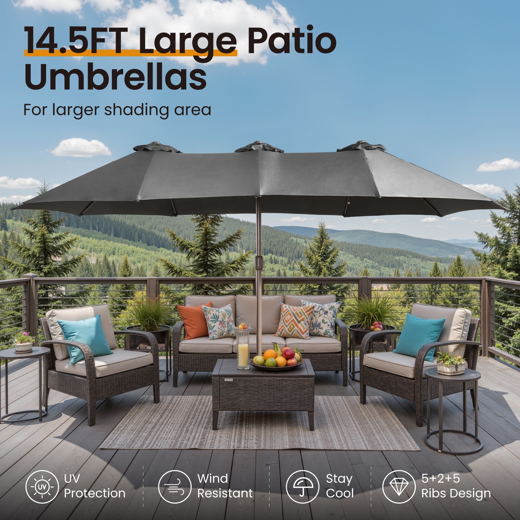 biggest patio umbrella Navy Blue use crank lift Waterproof ​OVIOS 15ft Double-Sided Patio Umbrella