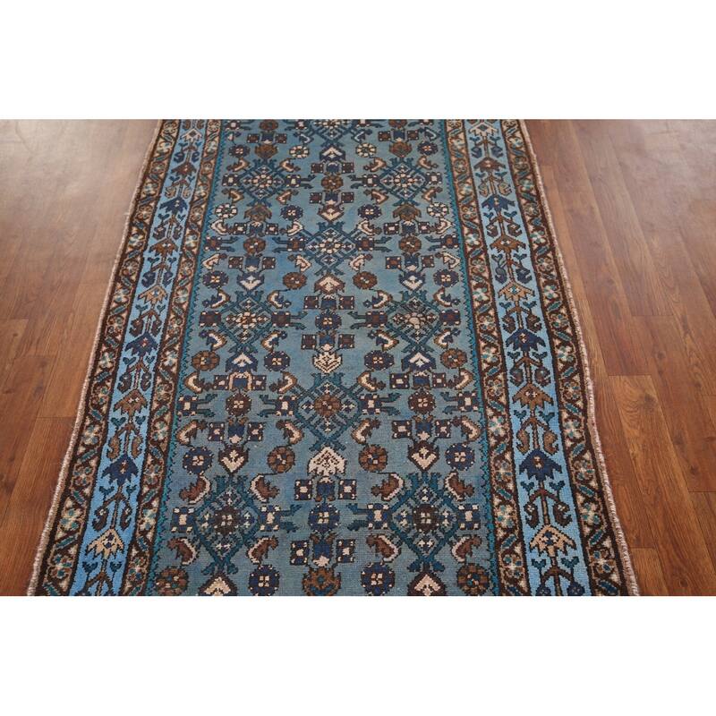 Blue Hamedan Persian Vintage Runner Rug Hand-Knotted Wool Carpet - 3'4" x 9'2"