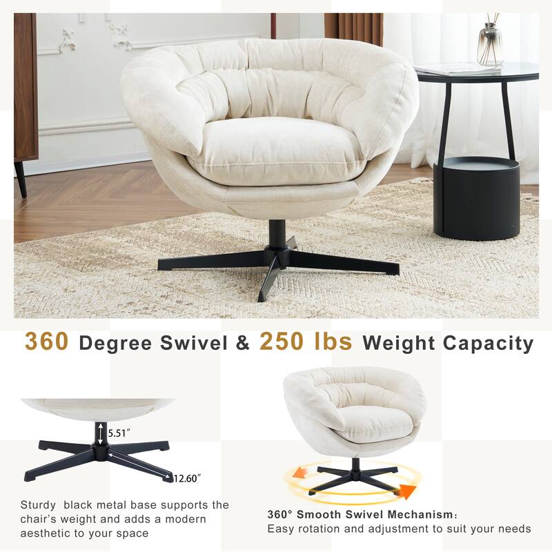 Chenille Upholstered 360° Swivel Club Chair/Accent Chair with Removable Cushion, Round Office Chair with Black Metal Base