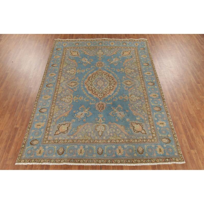 Blue Tabriz Persian Vintage Rug Hand-Knotted Traditional Wool Carpet - 8'6"x 11'10"