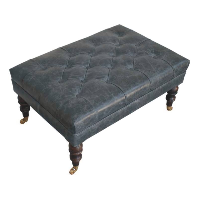 Artisan Furniture Solid Buffalo Teal Leather Ottoman with Castor Legs