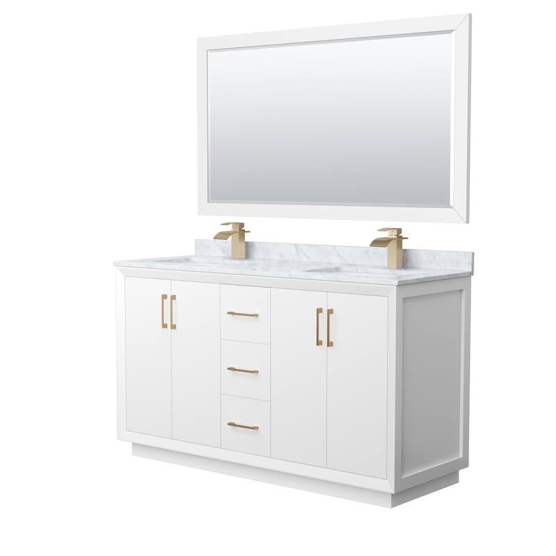 Strada 60-Inch Double Vanity Set, Carrara Marble Top, 58-Inch Mirror - White, Bronze Trim, Carrara Marble Top