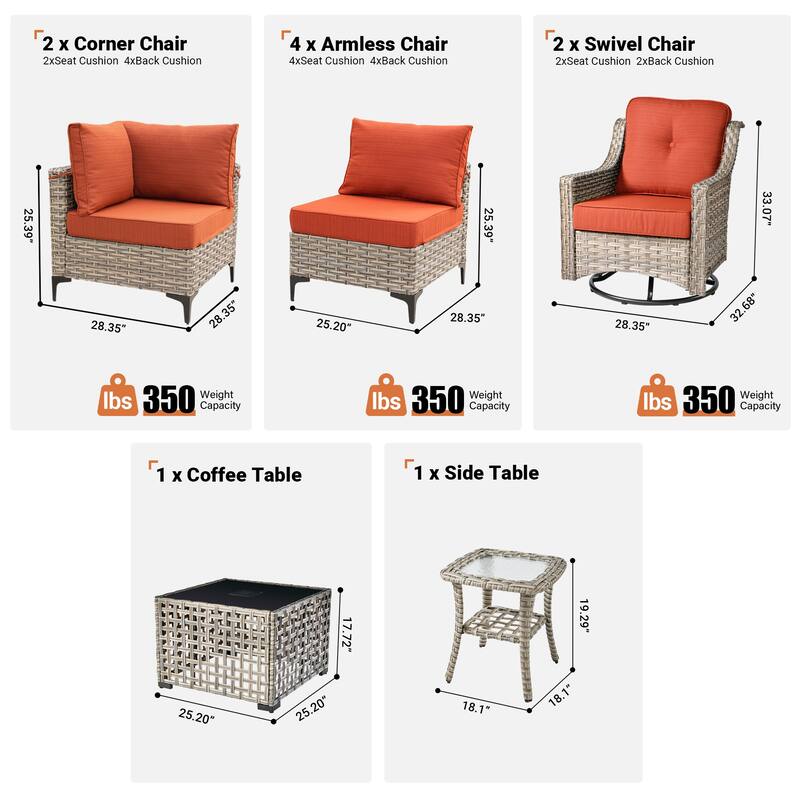 HOOOWOOO 10-piece Wicker Patio Furniture Set Sectional Sofa with Swivel Chair