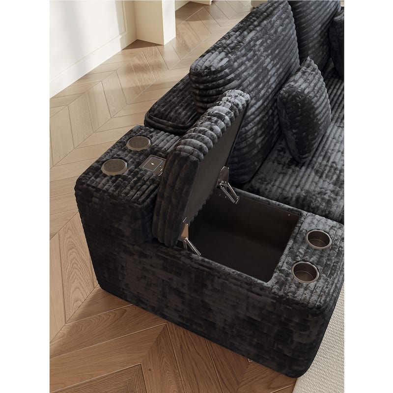 Corduroy Sectional Sofa with Ottomans, Console Table with Storage Box, Charging Station, Cup Holders and Bluetooth Speaker