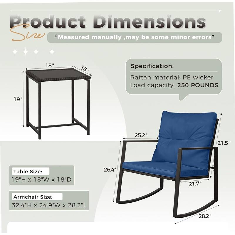 SUNCROWN 3-piece Outdoor Patio Brown/Black Wicker Rocking Chairs Conversation Bistro Set