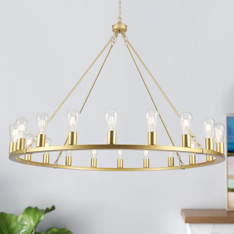 20-Light Round Rustic Wagon Wheel Chandelier, Farmhouse Chandelier, Dining Room Living Room Bedroom Kitchen Light Fixture - Spray Gold
