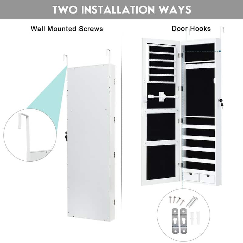 Costway Wall Mounted Mirrored Jewelry Cabinet Organizer w/LED Lights