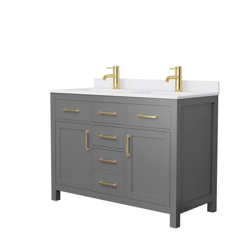 Beckett 48 Inch Double Vanity, Cultured Marble Top - Dark Gray, Gold Trim, White Cultured Marble Top