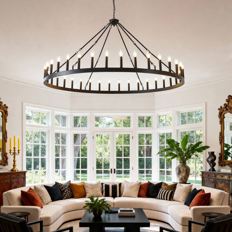 63.8 INCH 36-Light Extra Large Wagon Wheel Chandelier, Black Farmhouse Round Wheel Chandelier Light Fixtures E12