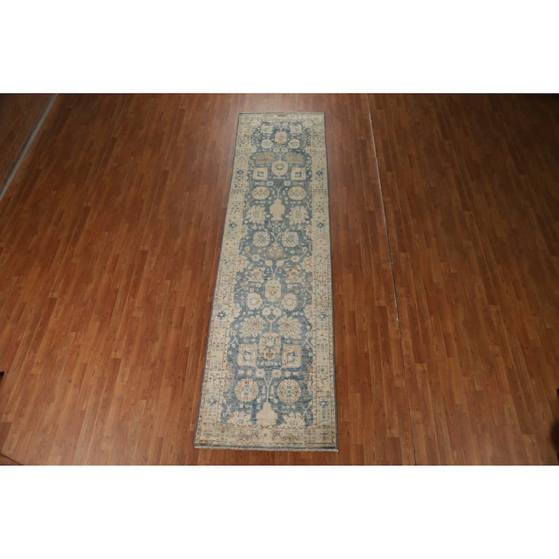 Hand Knotted Oriental 100% Wool Carpet Transitional All-Over Navy Blue & Blues Oushak Runner Rug - 11' 7'' X 3' 2''