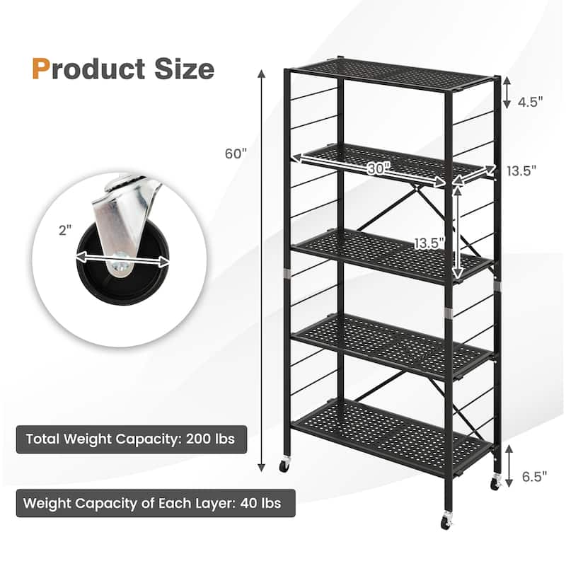 5-Tier Adjustable Shelves with Wheels for Garage Kitchen Balcony - 30" x 13.5" x 60"