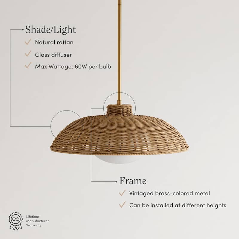 Belleville Boho Rattan Pendant Light with Shade and Glass Diffuser