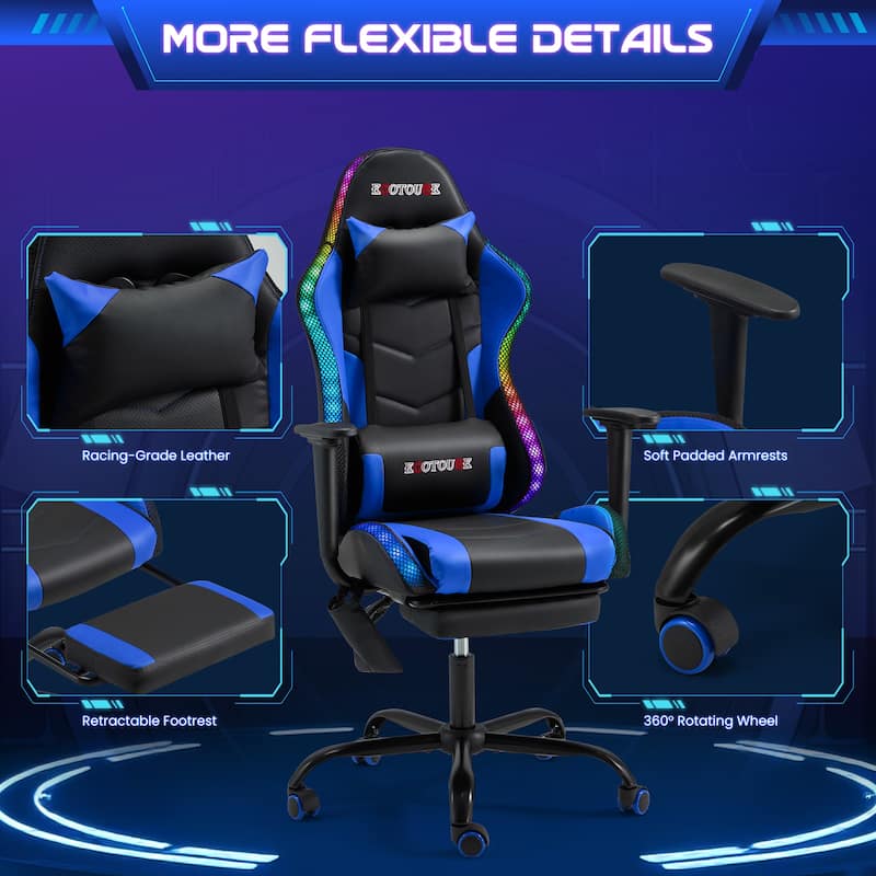EROMMY RGB LED Gaming Chair with Massage Lumbar Support & Footrest, Ergonomic Reclining Computer Chair for Adults