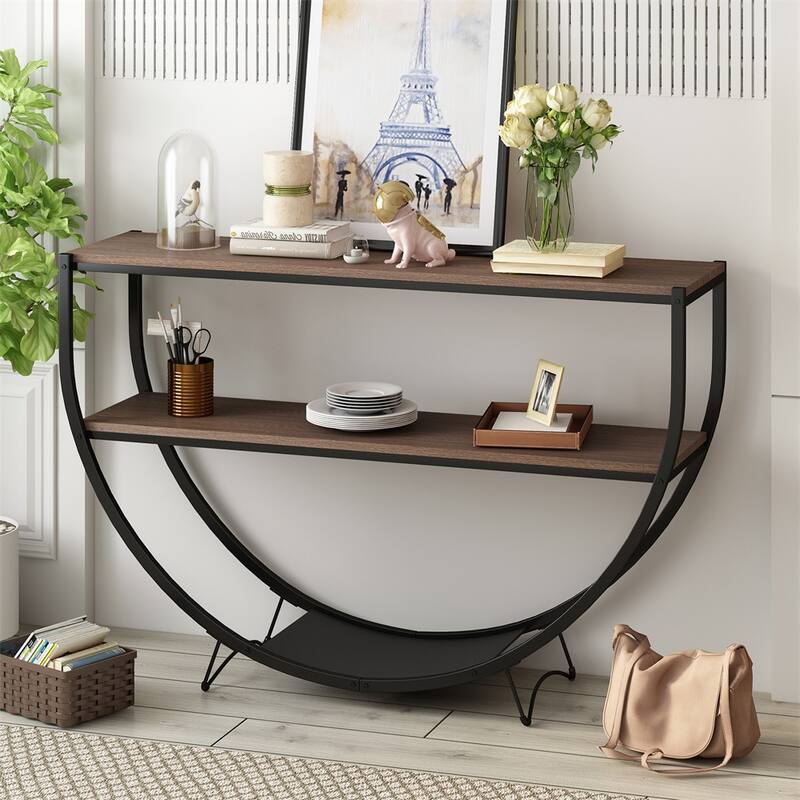 Rustic Demilune Shape Textured Metal Distressed Wood Console Table - Dark Brown