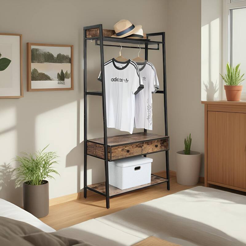 JJS Industrial Rustic Coat Rack & Shoe Stool Entryway Hall Tree with Storage Drawers & Shelves Rustic Brown