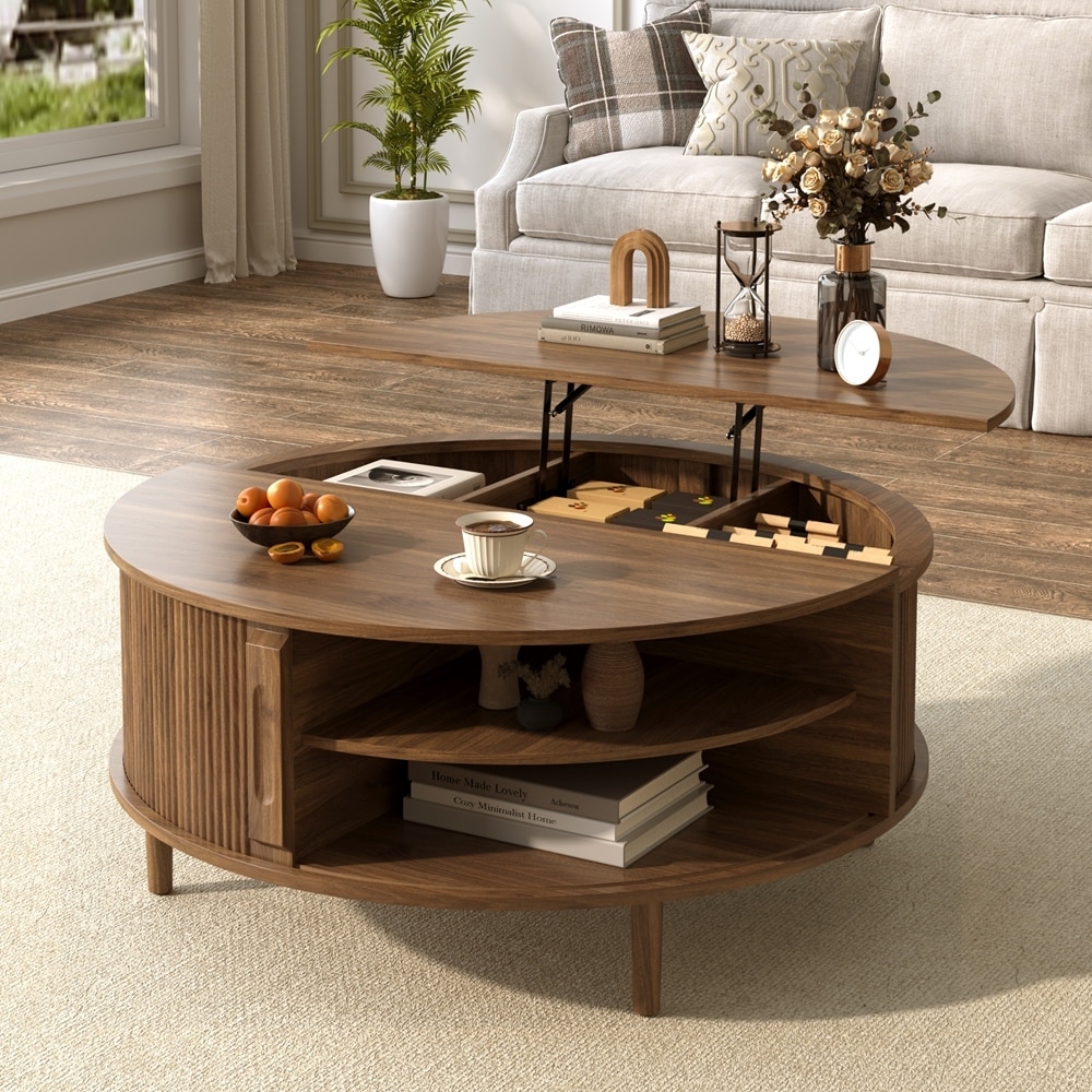 Round Lift-Top Coffee Table with Hidden Storage and Sliding Door