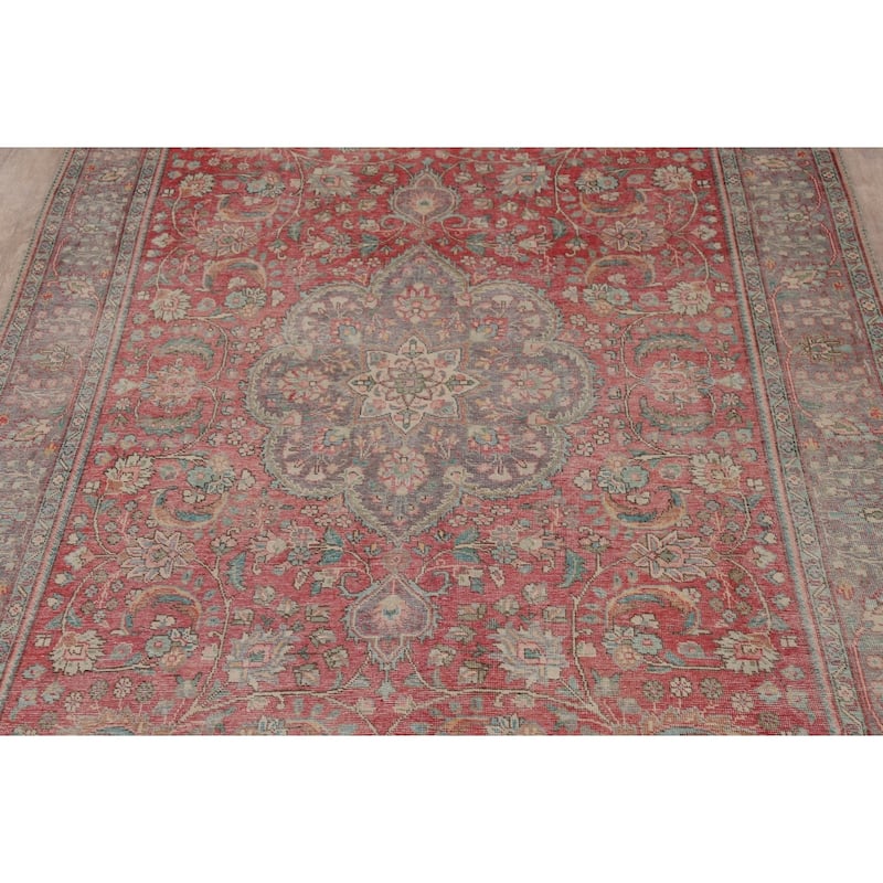 Tabriz Persian Vintage Rug Hand-Knotted Pink Traditional Wool Carpet - 6'9" x 10'3"