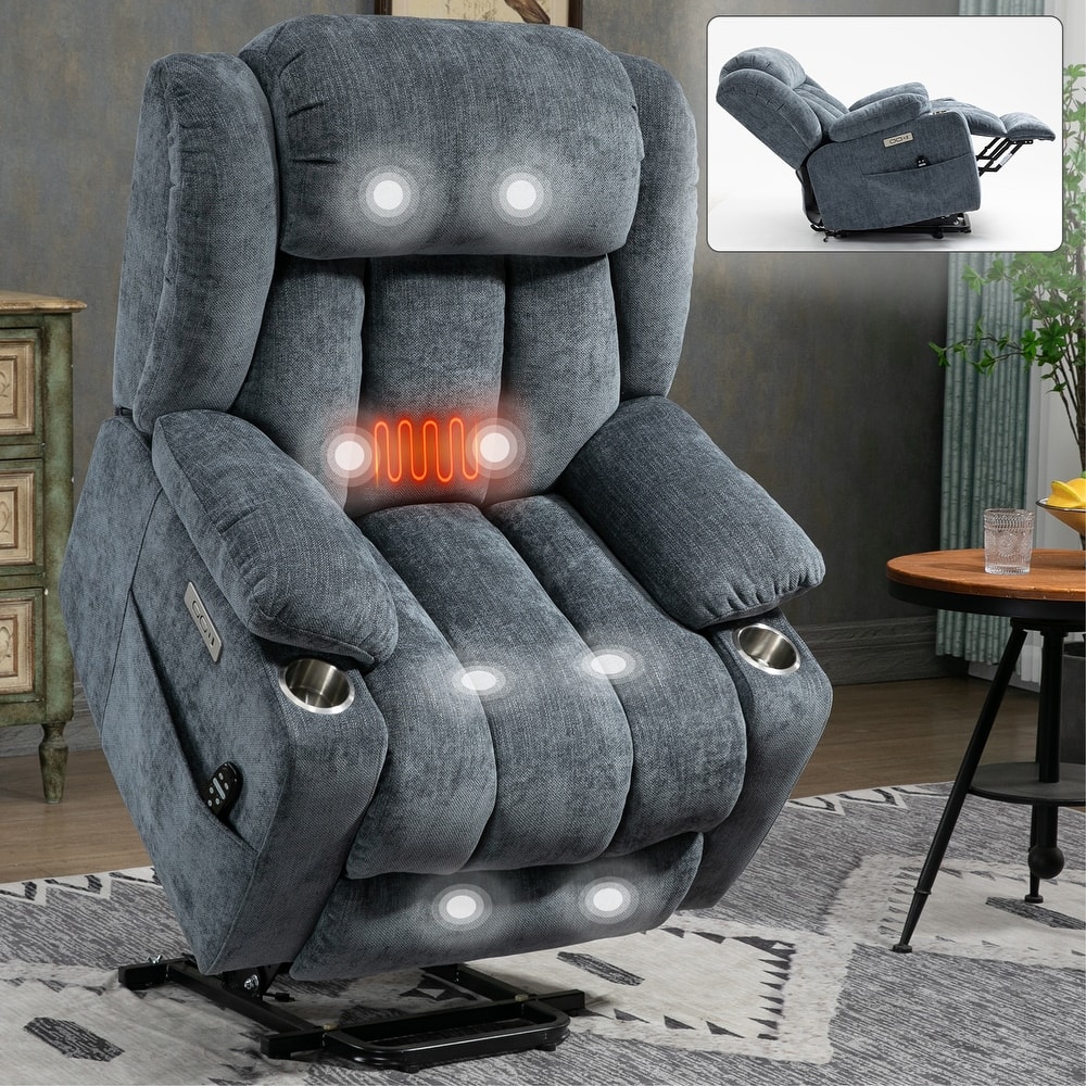 Chenille Power Lift Recliner wMassage, Heat, USB, Type-C, Cup Holders