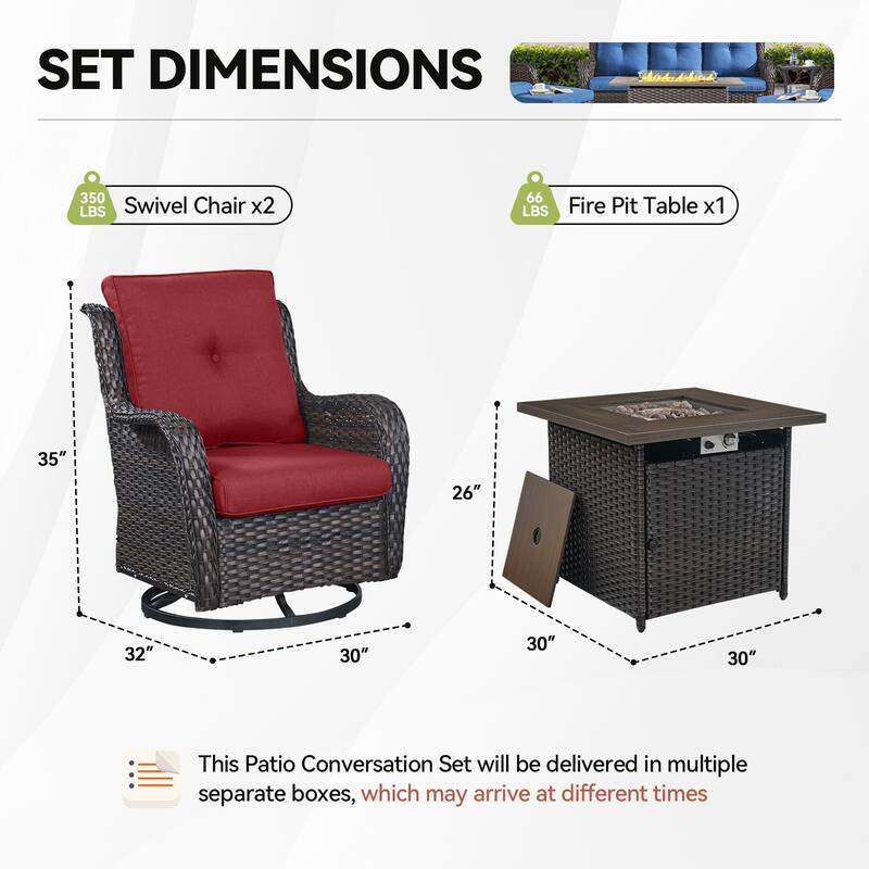 Gymojoy 3-Piece Outdoor Chair Set with Swivel Chairs & 55K BTU Fire Pit Table