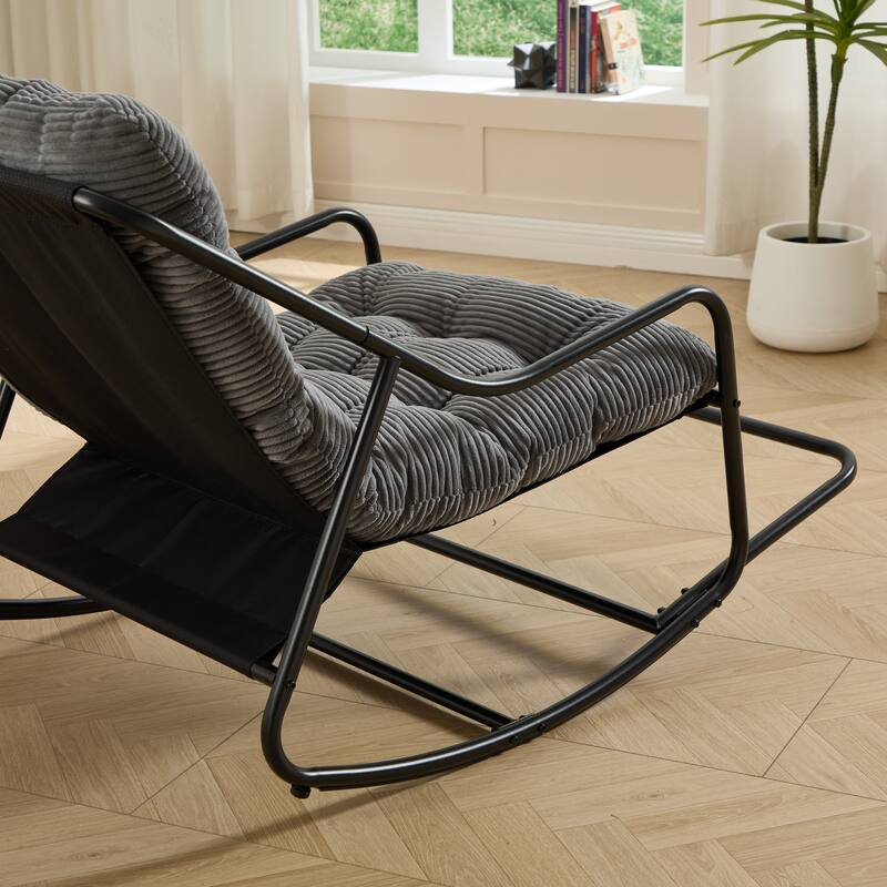 Outdoor Rocking Chair, Comfy Cushion, with Soft Thick Cushion,for Living Room, Reading Room, Black Frame with White Cushion