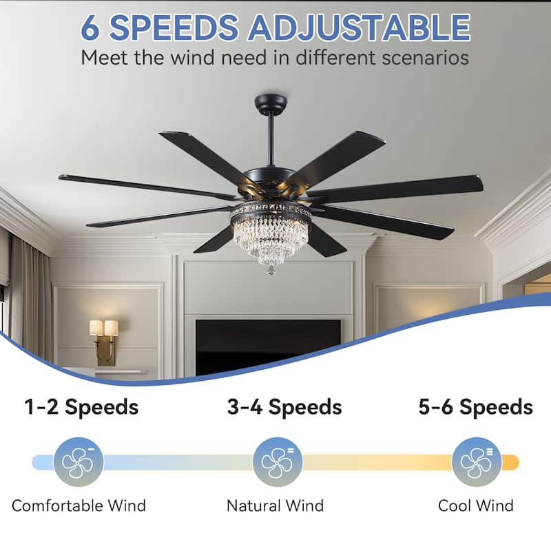 52" or 62" Crystal Ceiling Fan Chandelier with Lights,Remote Control, Timer,Reversible Motor