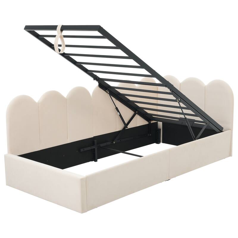 Velvet Upholstered Daybed with Hydraulic Storage, Twin Size Sofa Bed, Metal Slatted Frame, Beige