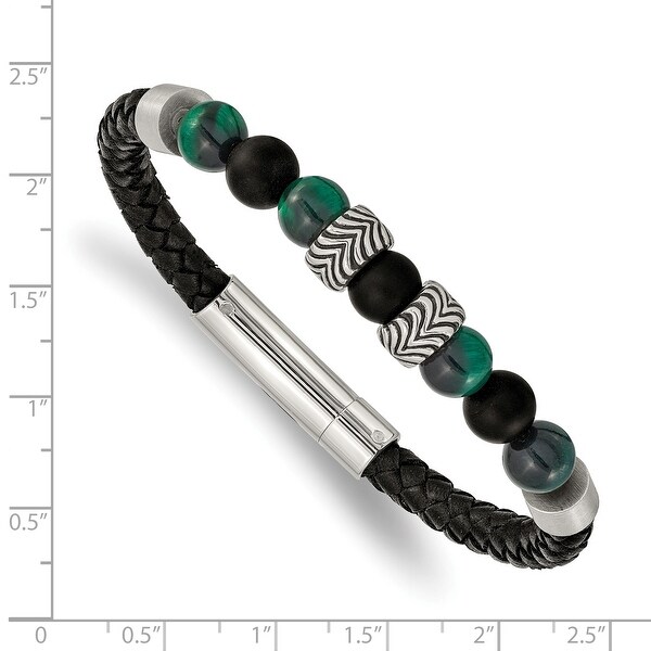 Chisel Stainless Steel Polished with Black Agate and Green Tiger's Eye Leather Bracelet