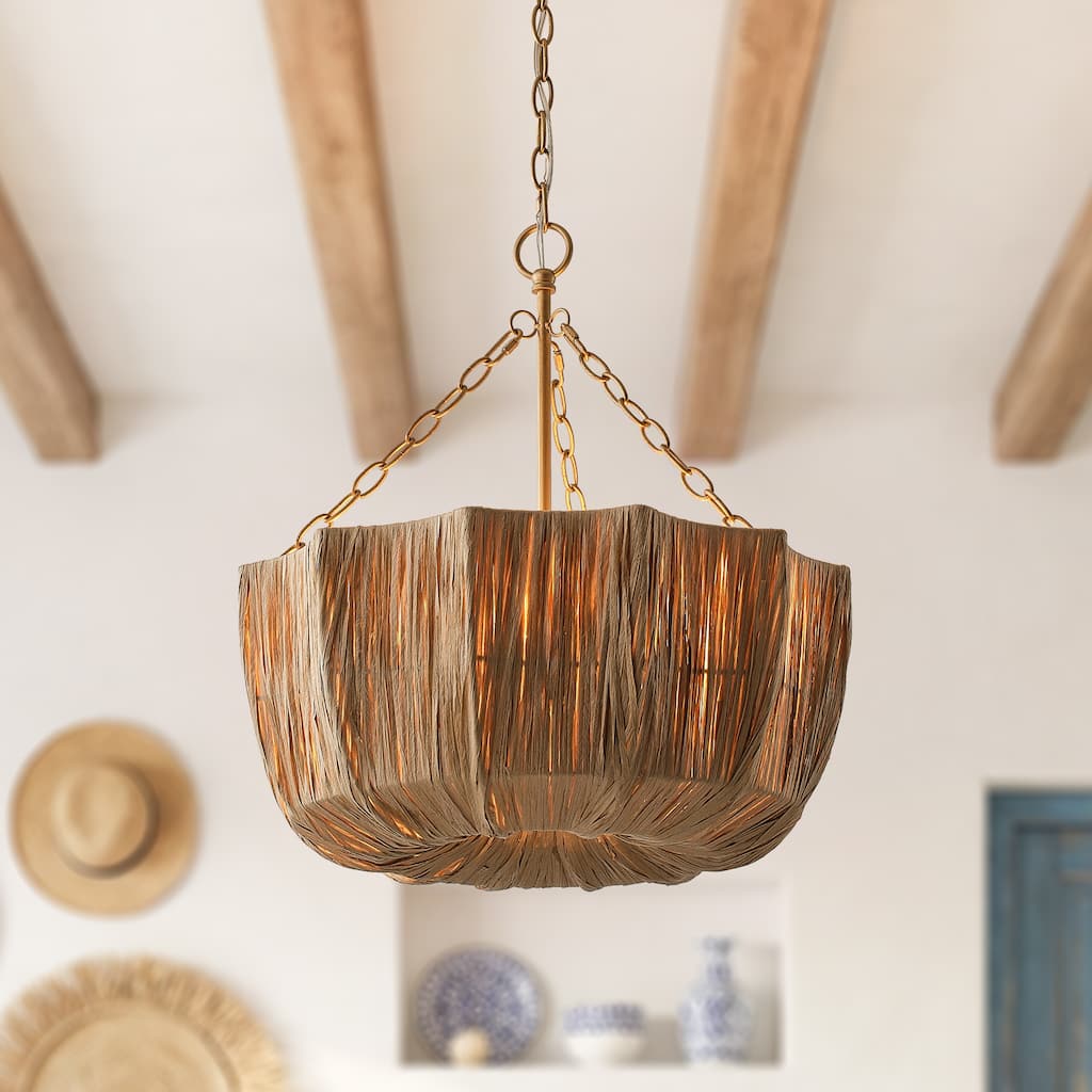 20" Antique Brass Woven Raffia Basket Chandelier 5-Light Boho Drum Ceiling Pendant with Adjustable Chain - 19.68" W x 21.65" H