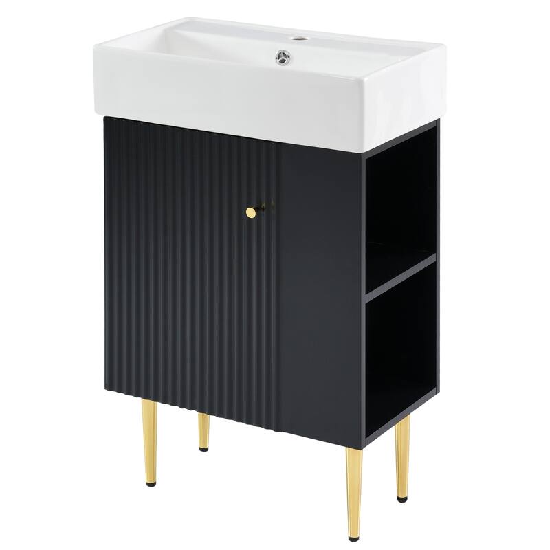 Bathroom Vanity with Ceramic Sink, Solid Wood Cabinet with Open Shelves, Freestanding Bathroom Vanity with Metal Legs