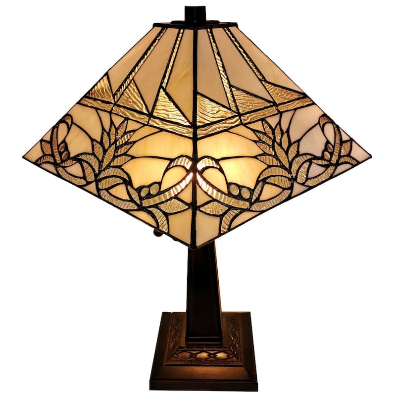 Tiffany Style Table Lamp Mission 22" Tall Stained Glass Tan Floral Flower Decor Bedroom Handmade Gift Amora Lighting