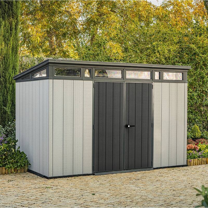 Keter Artisan 11x7 ft. Modern and Elegant Resin Outdoor Storage Shed With Floor for Patio Furniture and Tools, Grey
