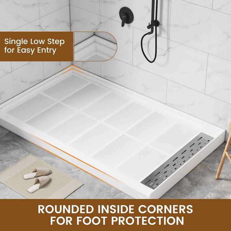 60 in. x 36 in. Elegant White Single Threshold Anti-slip SMC Rectangular Shower Base with Drain and Stainless Steel Drain Cover