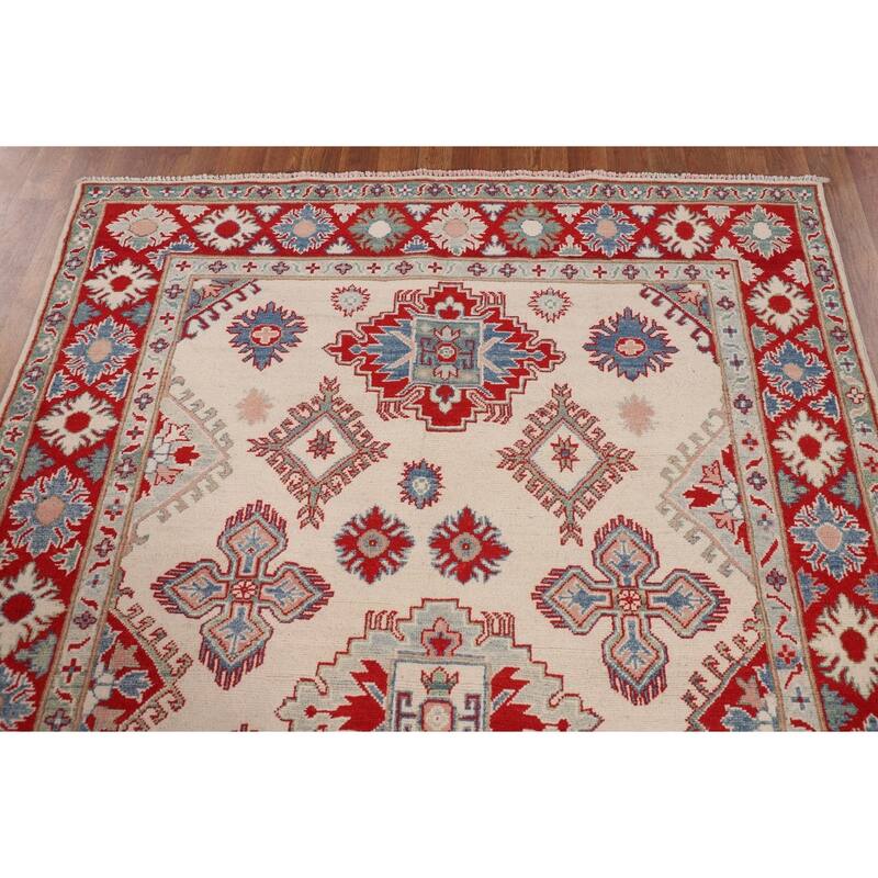 Geometric Kazak Oriental Rug Hand-Knotted Bedroom Wool Carpet - 5'0" x 6'10"