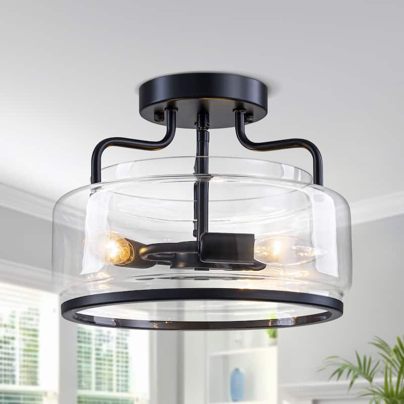 Starsky 3-Light Farmhouse Clear Glass Drum Flush Mount - Black