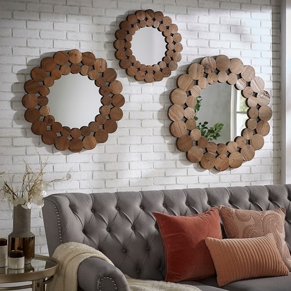 Natural Finish Reclaimed Wood Round Wall Mirror - Small