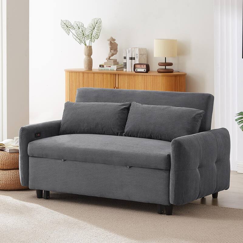 57.48" Corduroy Convertible Sofa Bed with Pull-Out Sleeper, Adjustable Backrest & USB