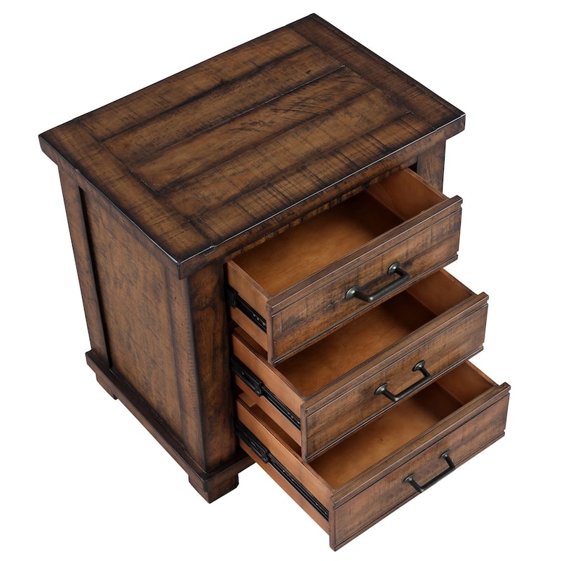 HomeRoots 26" Walnut Wood Distressed Three Drawer Nightstand