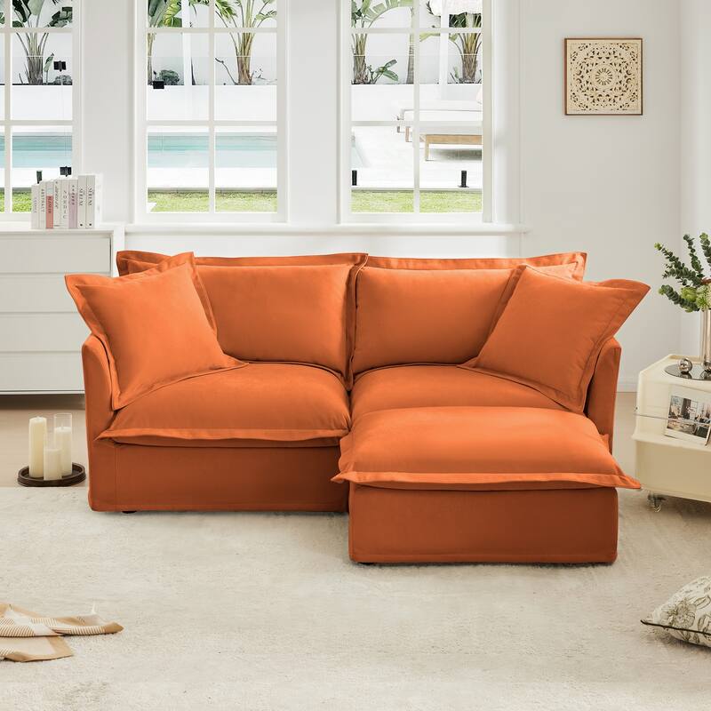 Slipcovered Chenille 2-Seater Sofa Couch with Convertible Ottoman & Soft Big Pillows