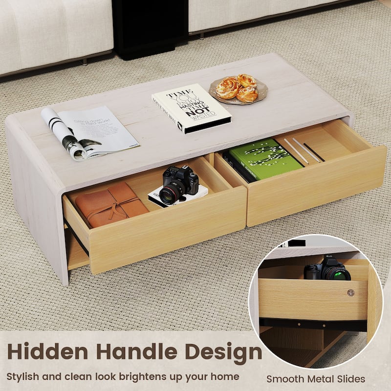 Modern Coffee Table with Hidden Handle 2 Drawers and Open Shelves for Living Room - 43" x 20" x 15"
