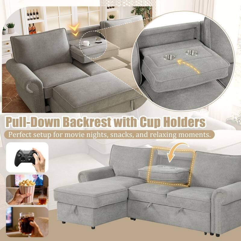 95" Convertible Sectional Sofa with Storage Chaise and Pull-Down Backrest