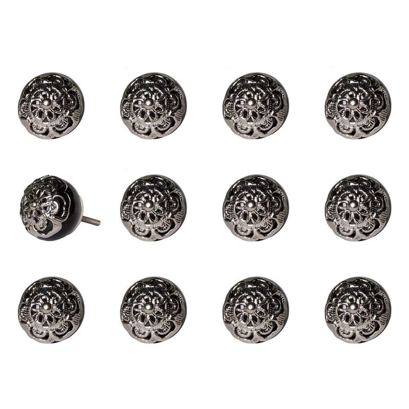 HomeRoots Set of Twelve Black And Silver Ceramic Filigree Floral Drawer Pull Knobs - 1.50 in. x 1.50 in. x 1.50 in.