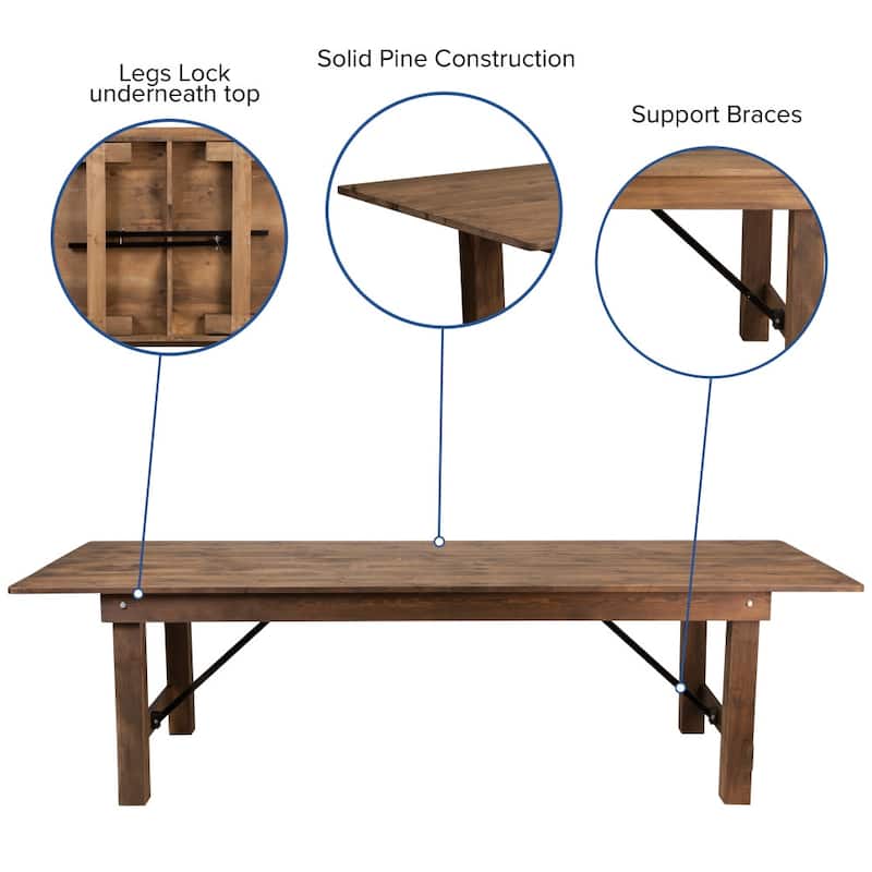 9' x 40" Rustic Folding Farm Table Set with 8 Cross Back Chairs and Cushions
