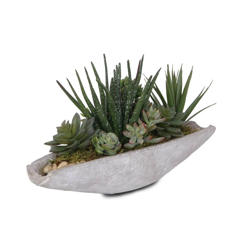 Artificial Succulents Arrangement in Boat Shape Stone Wash Cement Pot - 16W x 6.5D x 6.5H