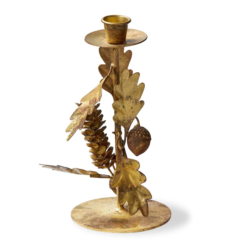 Oak Leaf & Acorn Small Taper Candle Holder Antique Brass Gold Iron 4x4x7.75 in Perfect for Thanksgiving Decor