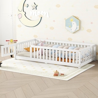 White Twin Size Pine Wood Floor Bed with Safety Guardrails and Door for Kids, Boys, Girls, Bedroom
